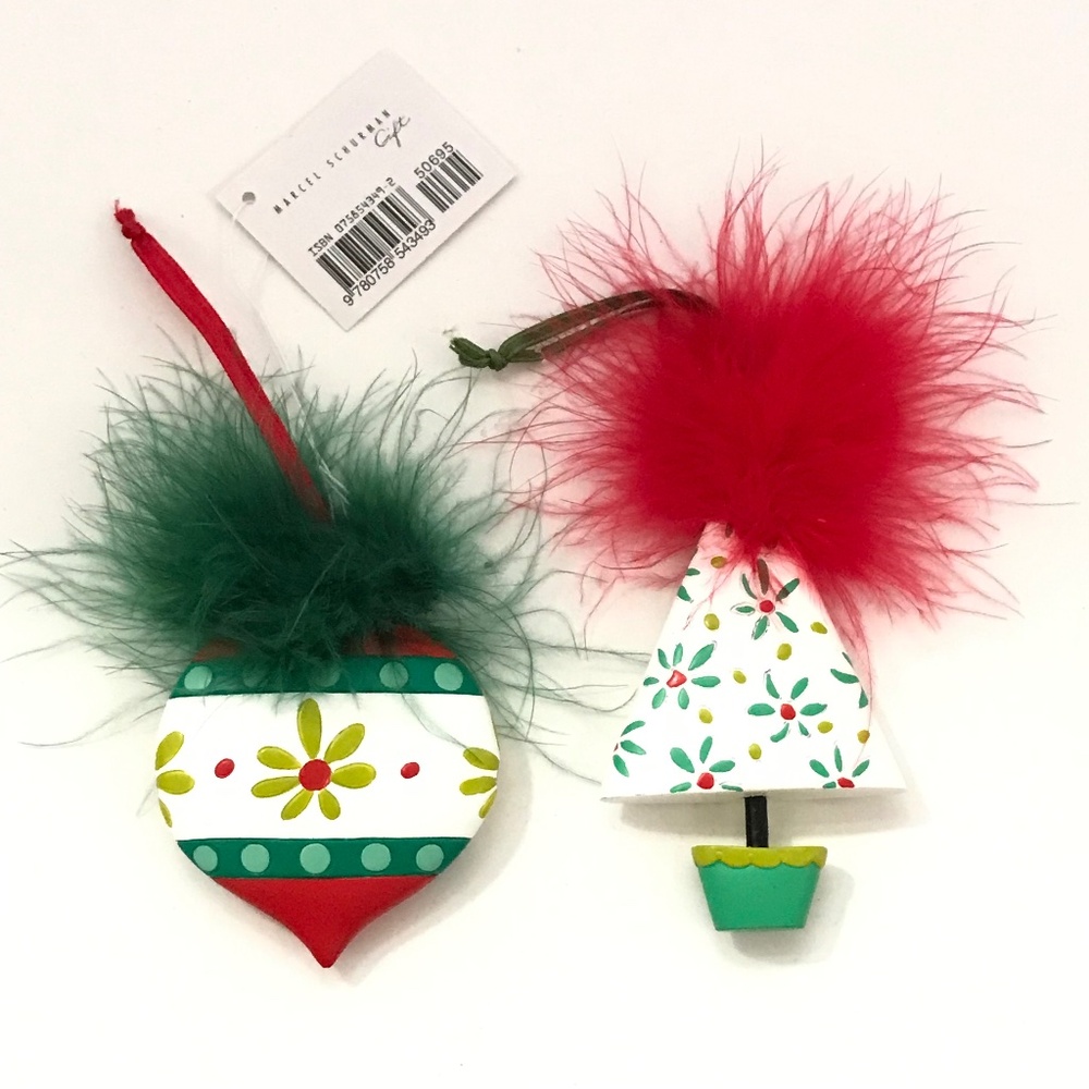 MARCEL SCHURMAN Feather Whimsical Hand Painted Ornaments Set Of 2 New